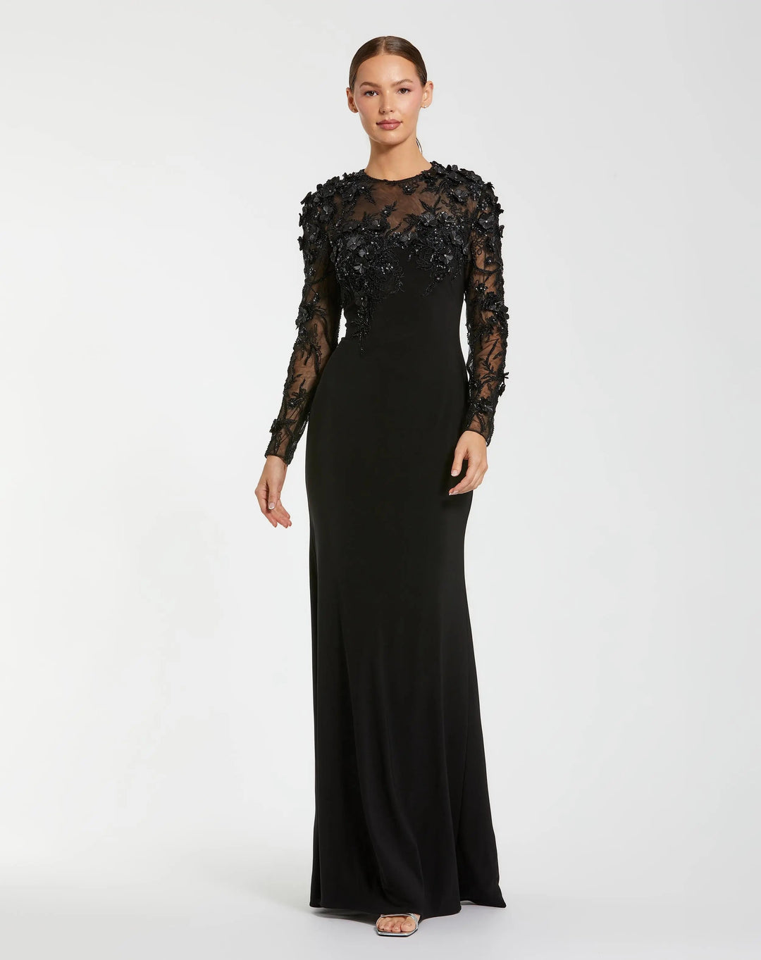 Black Long Sleeve Floral Embellished Column Gown