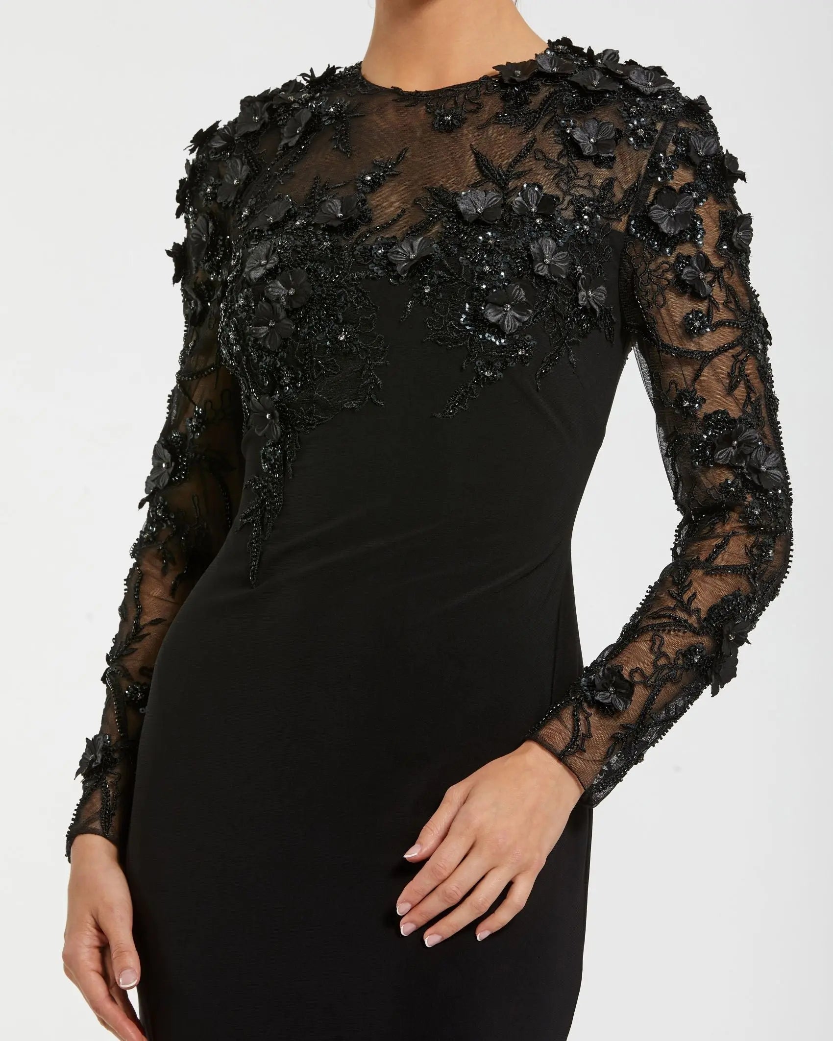 mac duggal black embellished floral long sleeve dress - Column Gown Elevate your style with Ecom Replenishment:No A-line Tulle Floral Prom Size:US 20W / UK 24 / EU 50