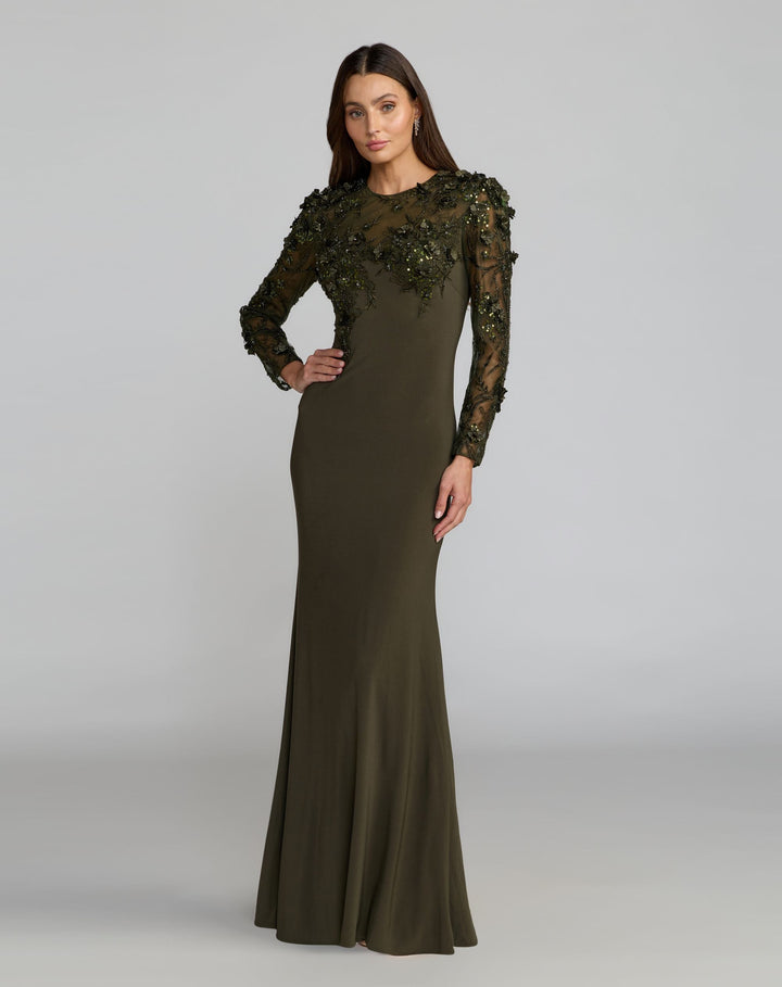 Mac Duggal 11841 Long Sleeve Floral Embellished Column Dress