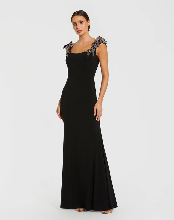 Mac Duggal 11842 Black Jersey Scoop Neck Gown with 3D Flower Details