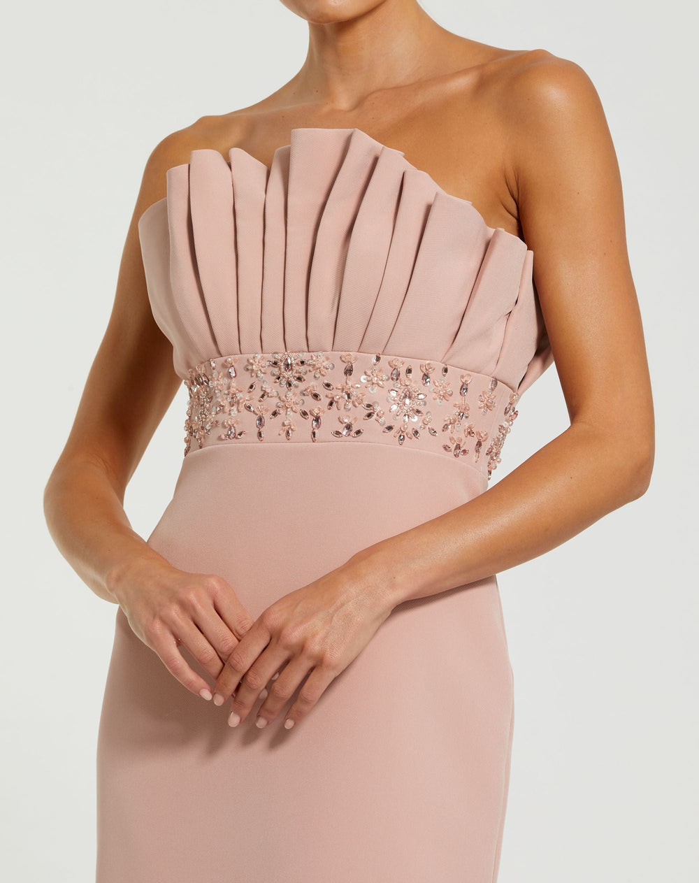 Pink Strapless Crepe Gown With Crystal Embellishments - FOSTANI.com