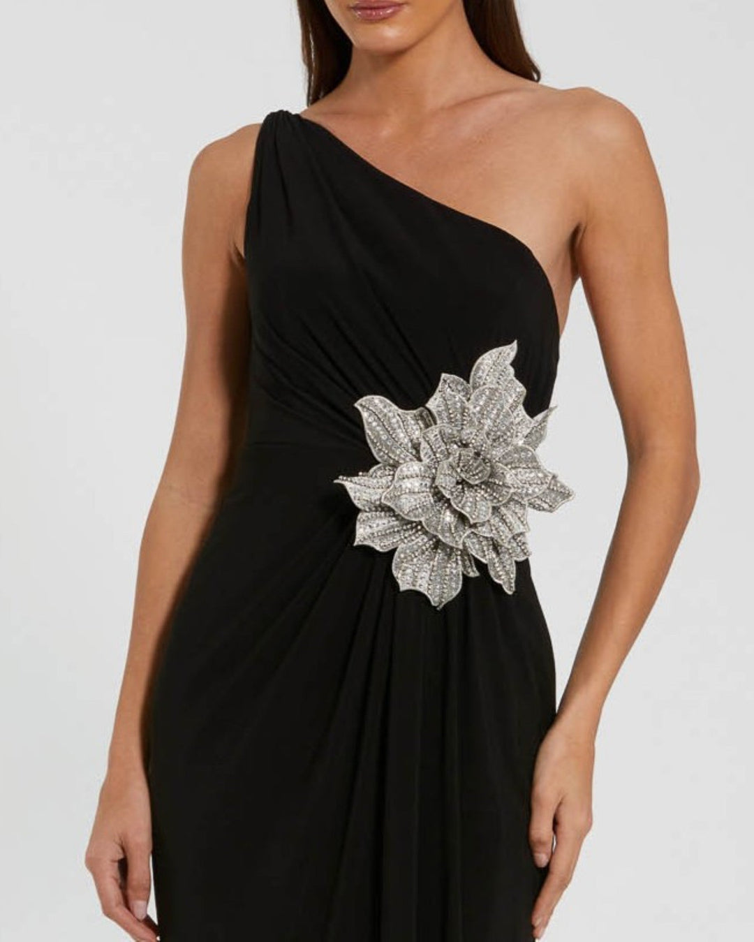 Black One Shoulder Jersey Gown With Rhinestone Flower - FOSTANI.com