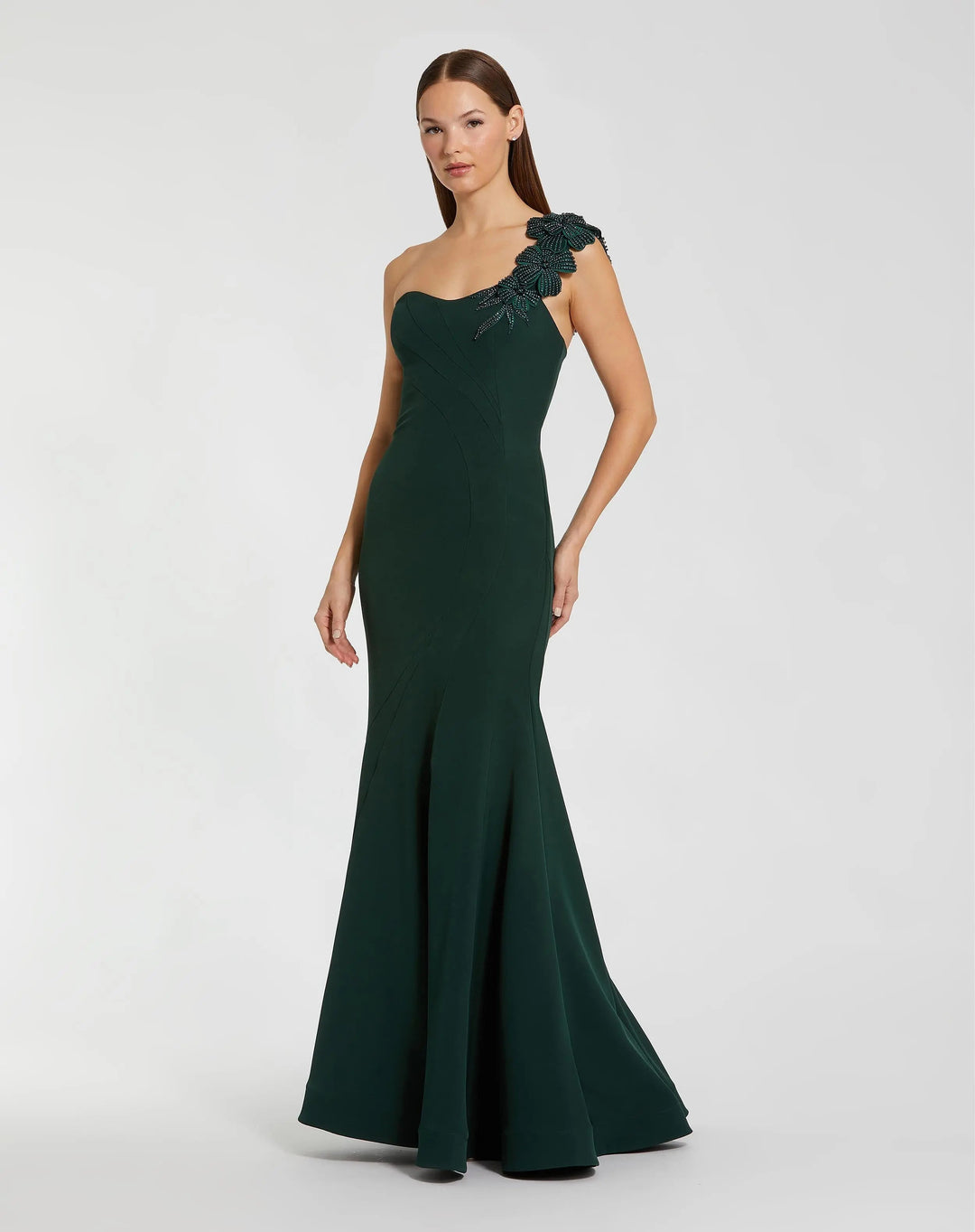 Mac Duggal Women's Crepe One Shoulder Beaded Flower Mermaid Gown - Green - Size 12