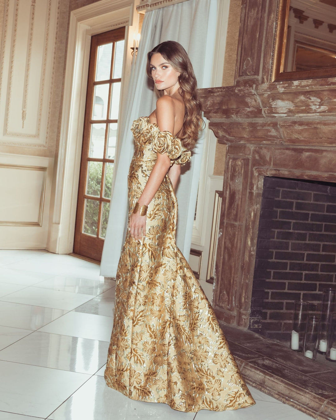 Mac Duggal 11875 Off The Shoulder Rosette Column Gown