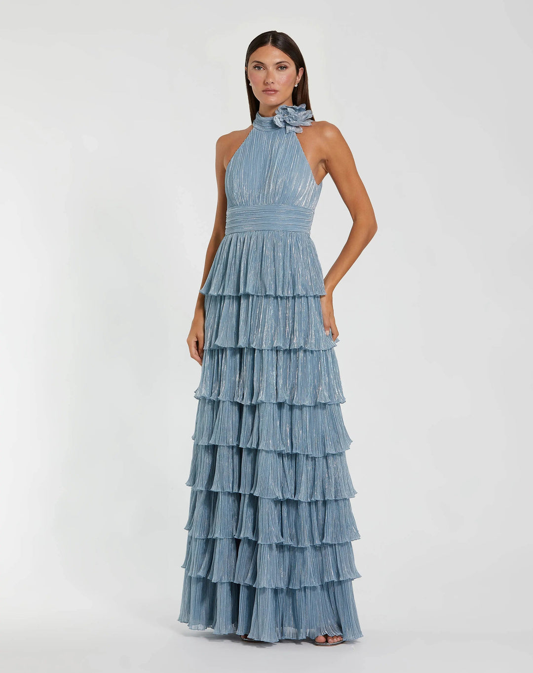 Blue Metallic Halter Neck Ruffle Gown With 3D Flower - FOSTANI.com
