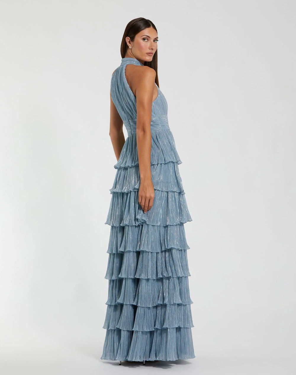 Blue Metallic Halter Neck Ruffle Gown With 3D Flower - FOSTANI.com