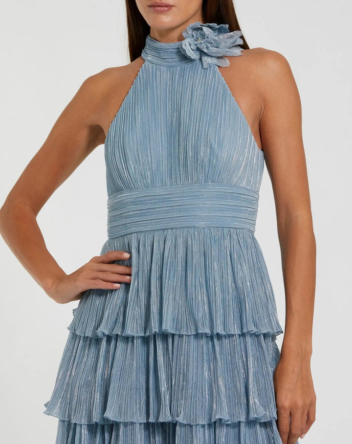 Blue Metallic Halter Neck Ruffle Gown With 3D Flower - FOSTANI.com