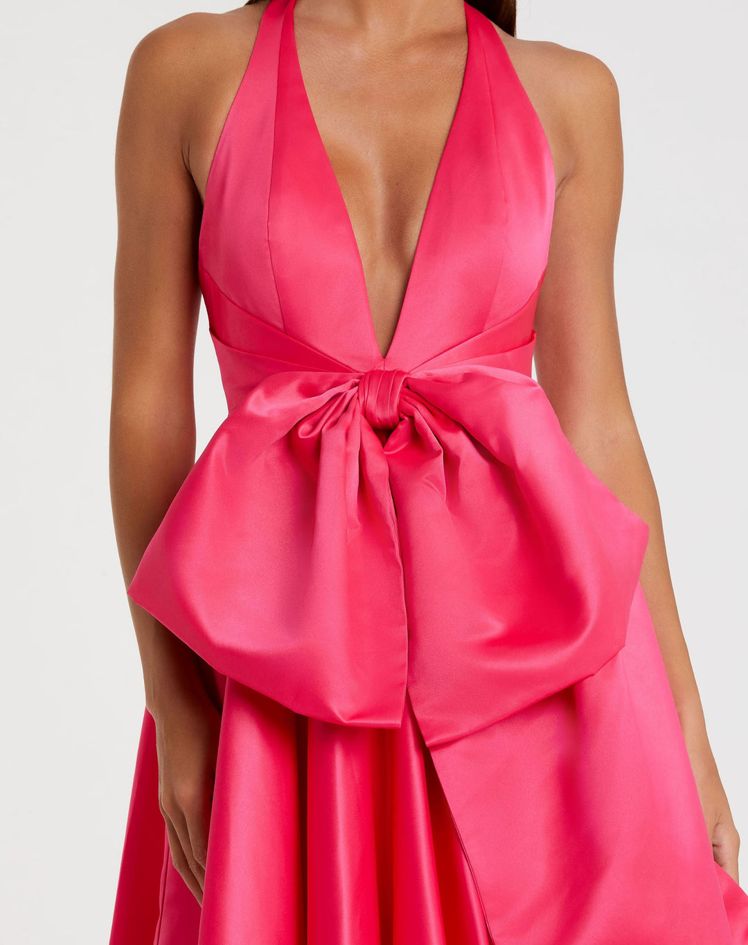 Mac Duggal - Pink Deep V Satin Ballgown with Oversized Bow - Hot Pink / US 10 Mac Duggal - Pink Deep V Satin Ballgown with Oversized Bow - Hot Pink / US 10