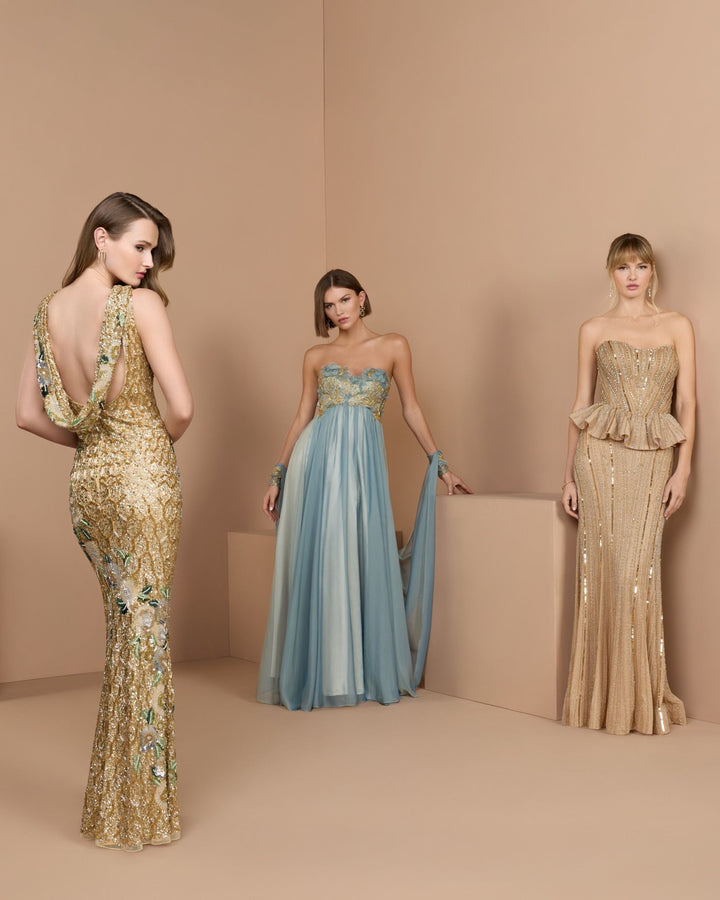 Mac Duggal 11896 Blue Floral Embellished Chiffon Cape Gown