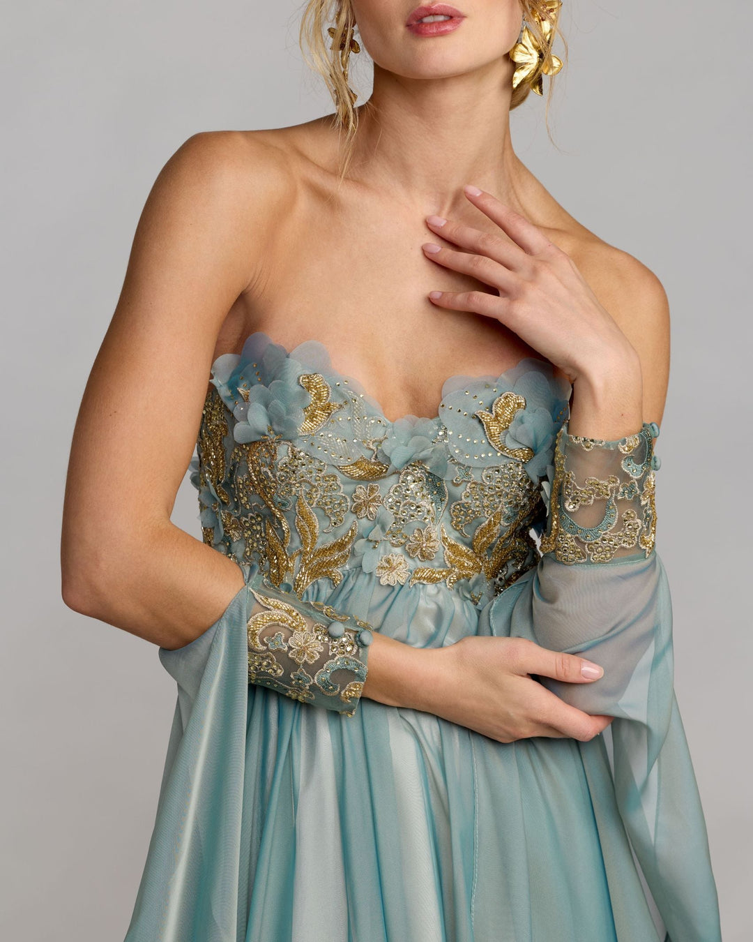 Mac Duggal 11896 Blue Floral Embellished Chiffon Cape Gown