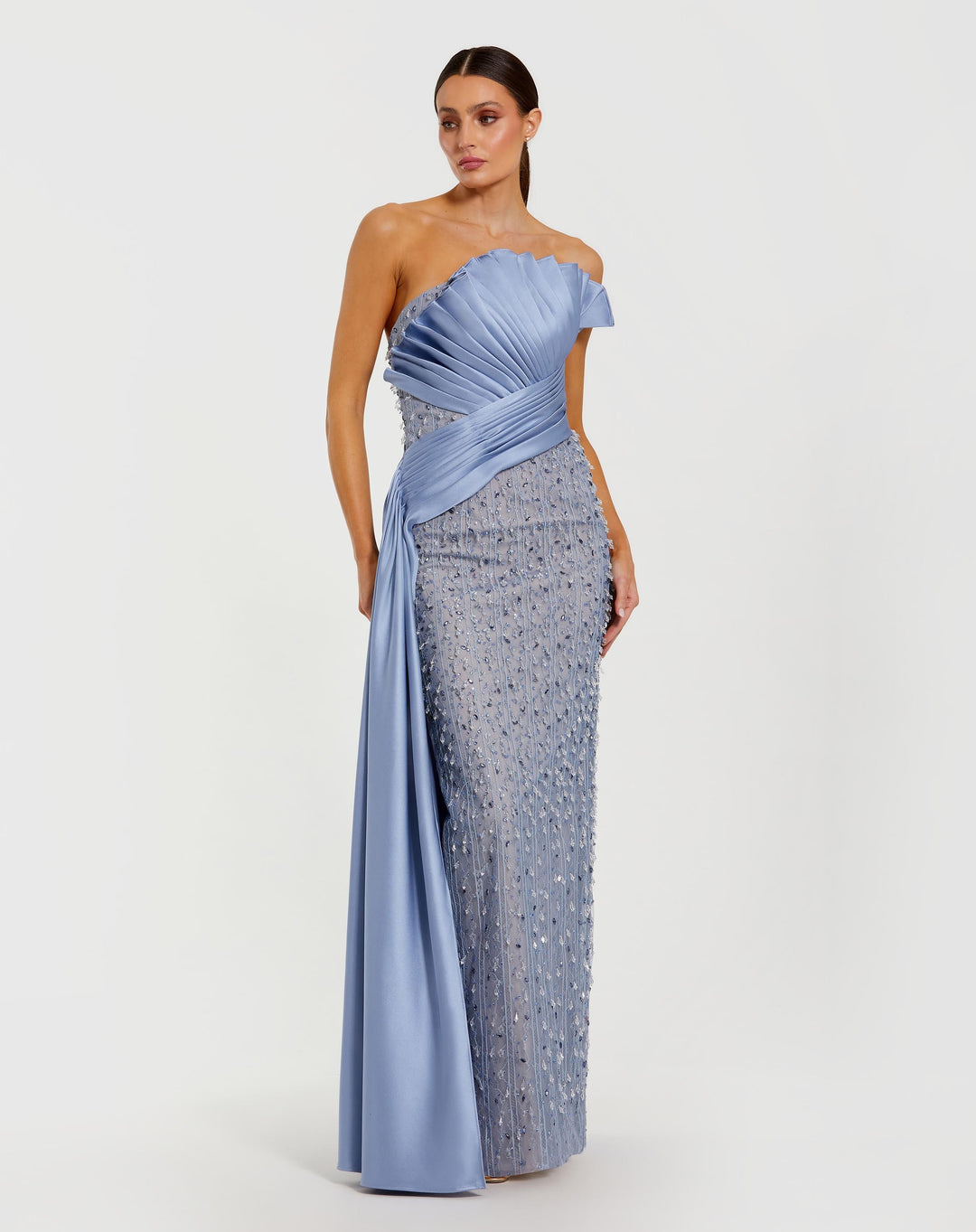Blue Beaded Lace Column Gown with Satin Sash - FOSTANI.com