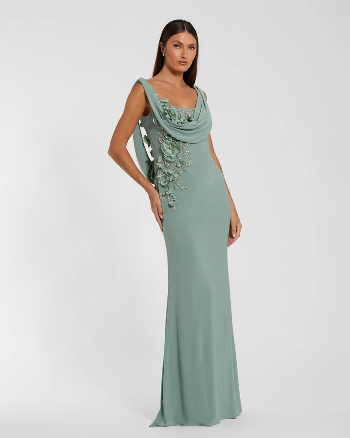 Green Sleeveless Jersey Cowl Neck Gown With Beading - FOSTANI.com