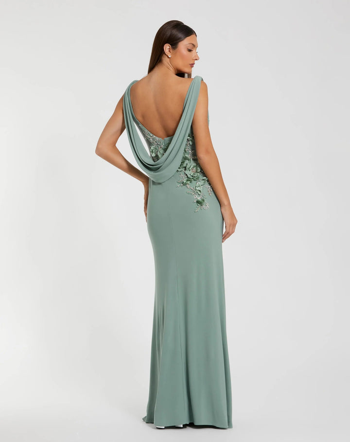 Green Sleeveless Jersey Cowl Neck Gown With Beading - FOSTANI.com