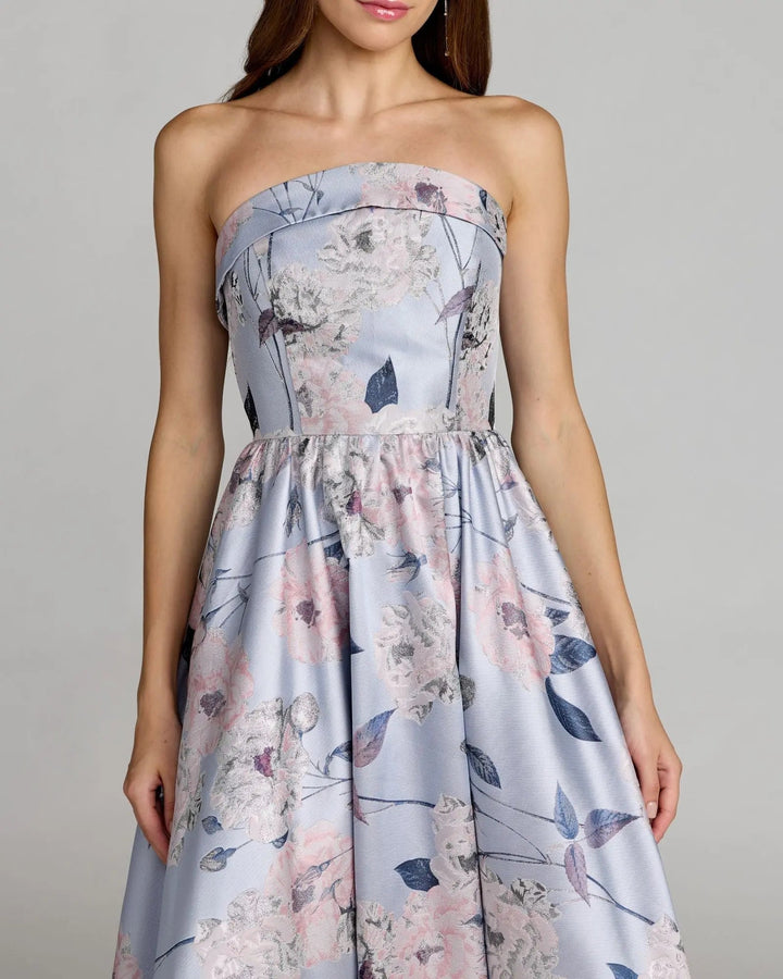 Blue Floral Brocade Strapless Ball Gown - FOSTANI.com