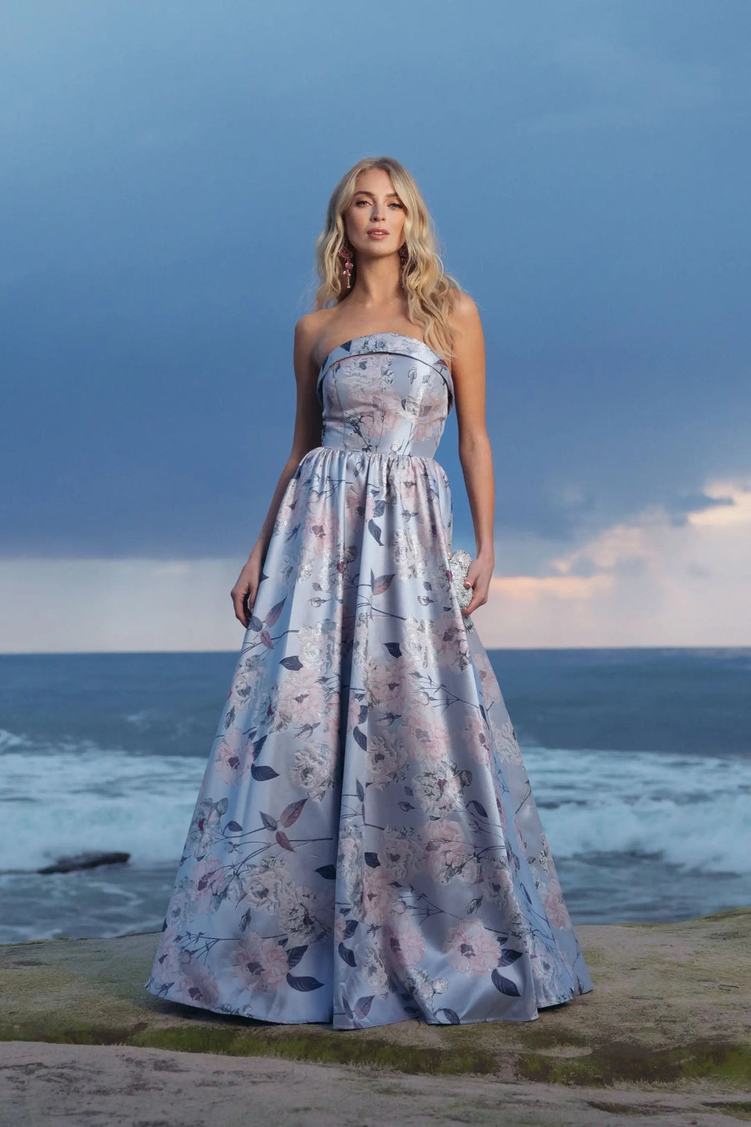 Blue Floral Brocade Strapless Ball Gown - FOSTANI.com