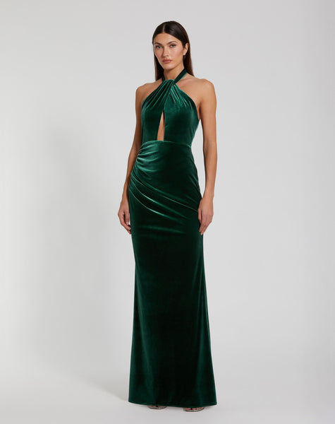 Ieena For Mac Duggal - Green Twist Neck Open Front Velvet Draped Gown
