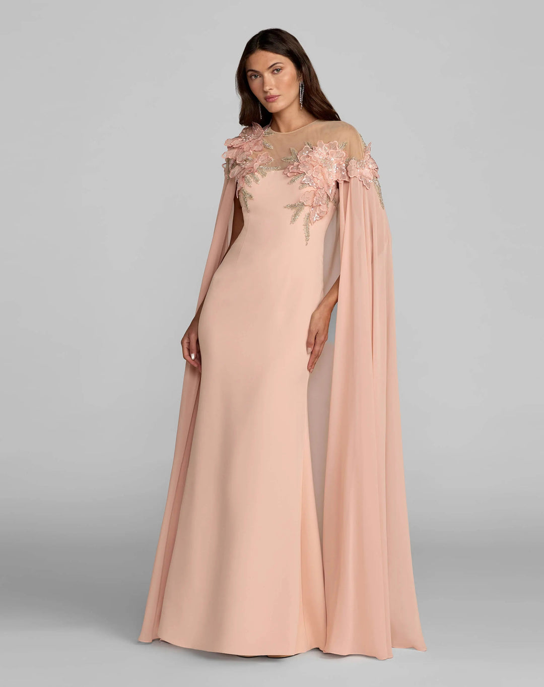 Mac Duggal - Pink Embellished Crepe Gown With Chiffon Cape Mac Duggal - Pink Embellished Crepe Gown With Chiffon Cape