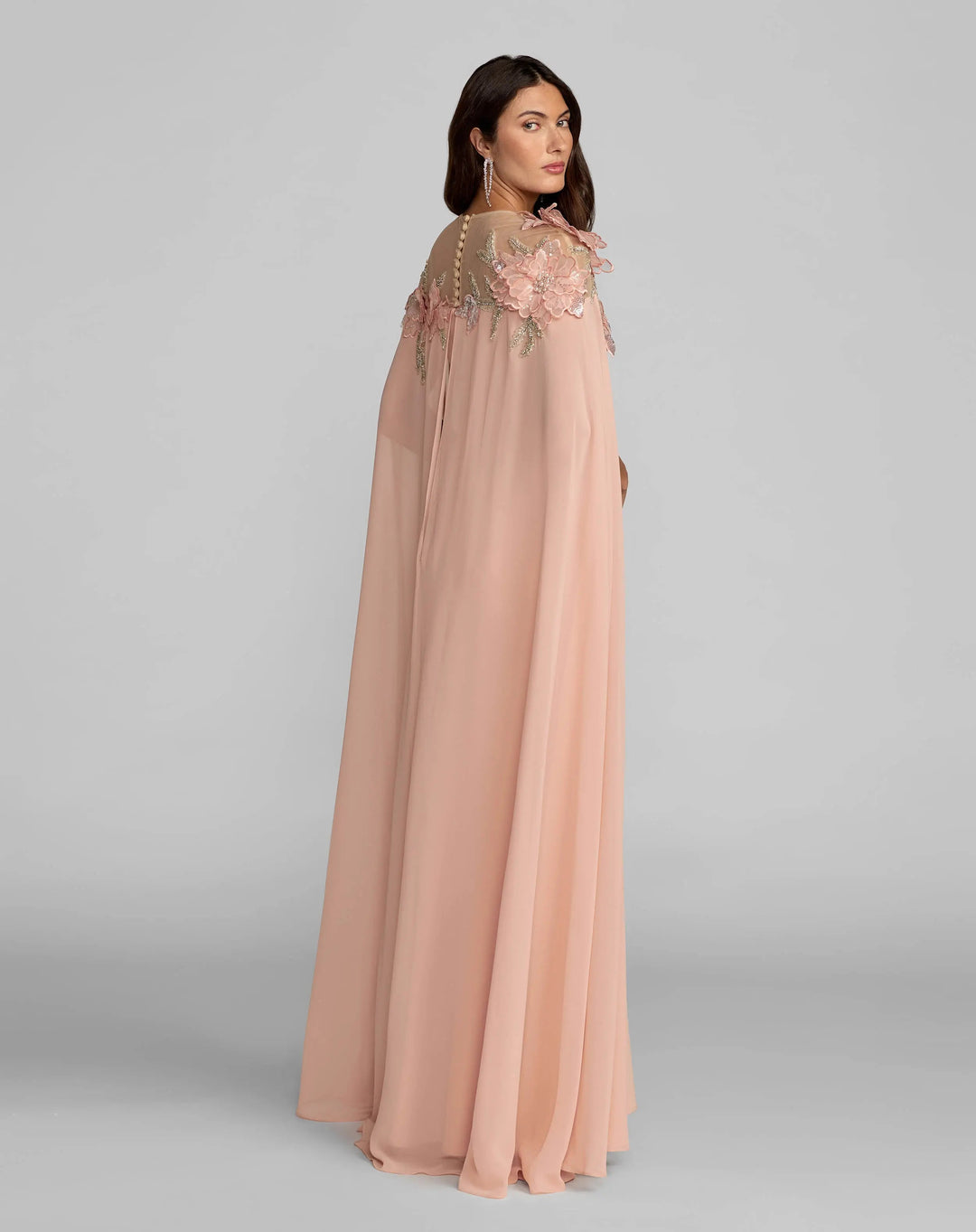 mac duggal pink chiffon dress Pink Chiffon Cowl Neck Dress With 3D Flowers