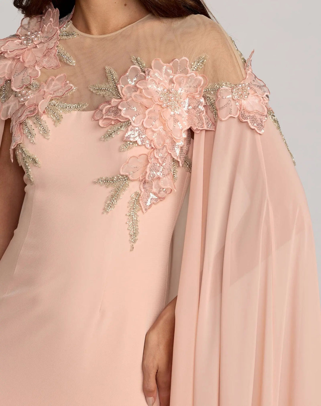 Mac Duggal 11942 Pink Embellished Crepe Gown With Chiffon Cape - FOSTANI.com