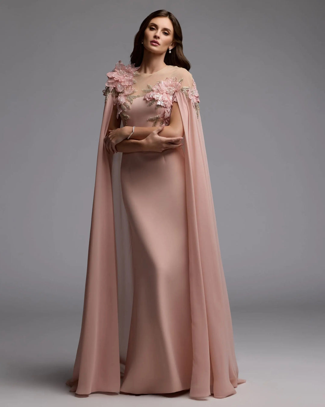 Mac Duggal 11942 Pink Embellished Crepe Gown With Chiffon Cape Mac Duggal 11942 Pink Embellished Crepe Gown With Chiffon Cape