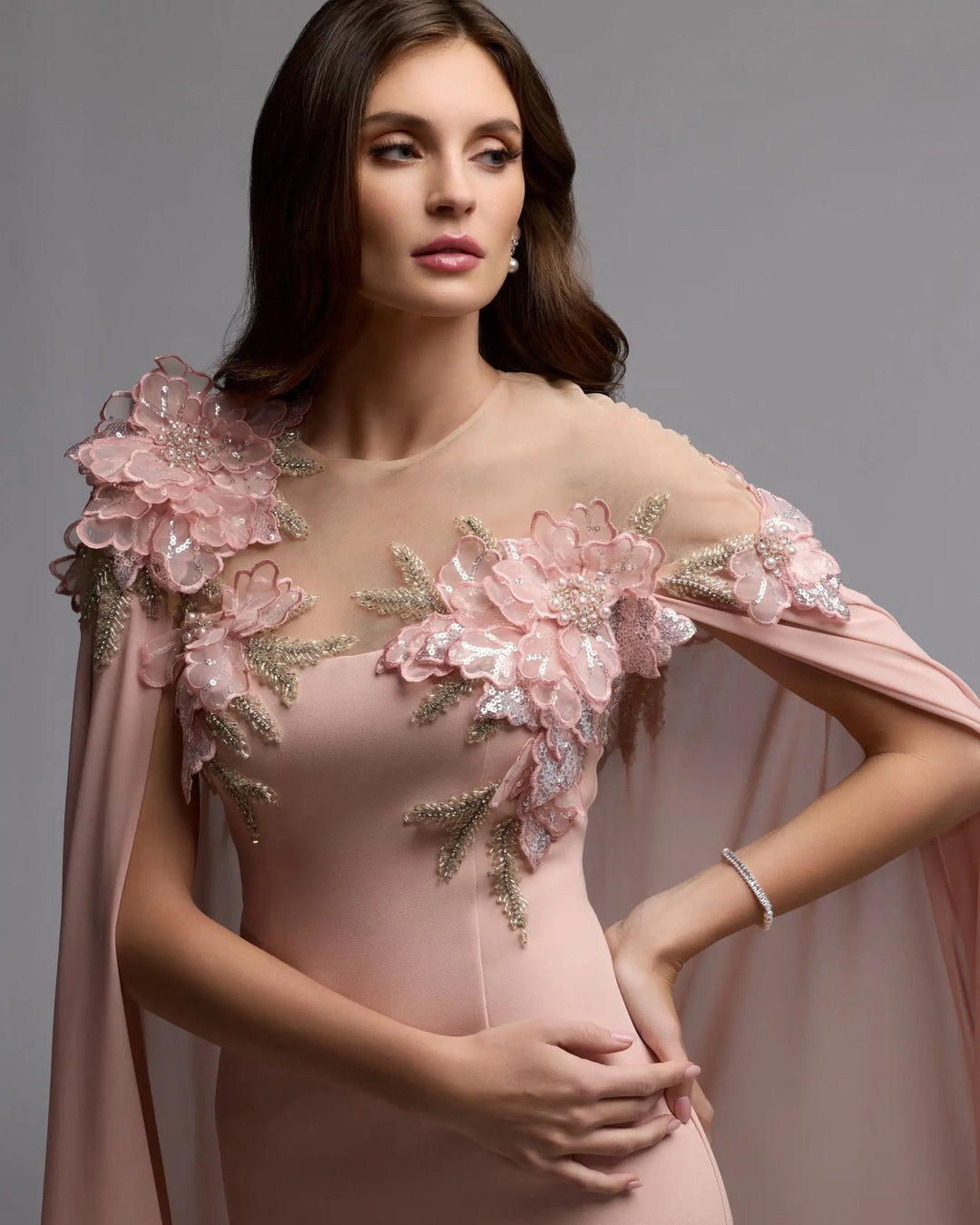 mac duggal dresses pink Mac Duggal 11942 Pink Embellished Crepe Gown With Chiffon Cape