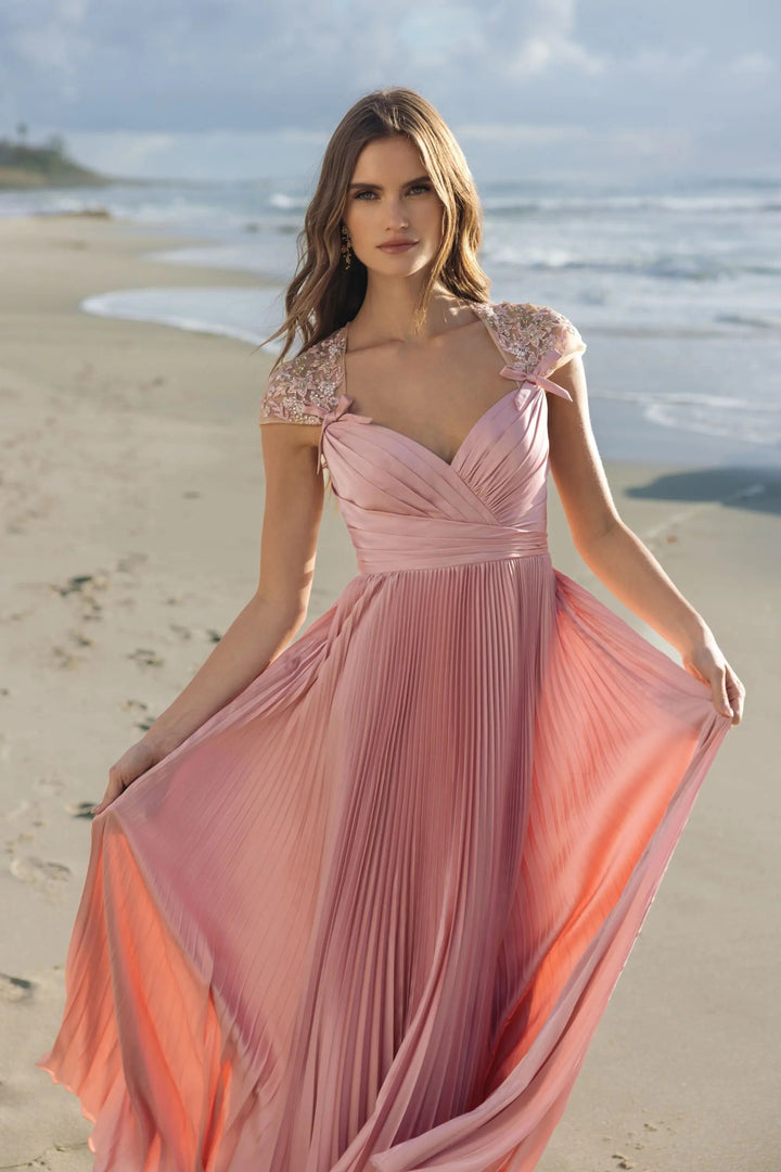 Pink Pleated Charmeuse Embellished Cap Sleeve Gown - FOSTANI.com