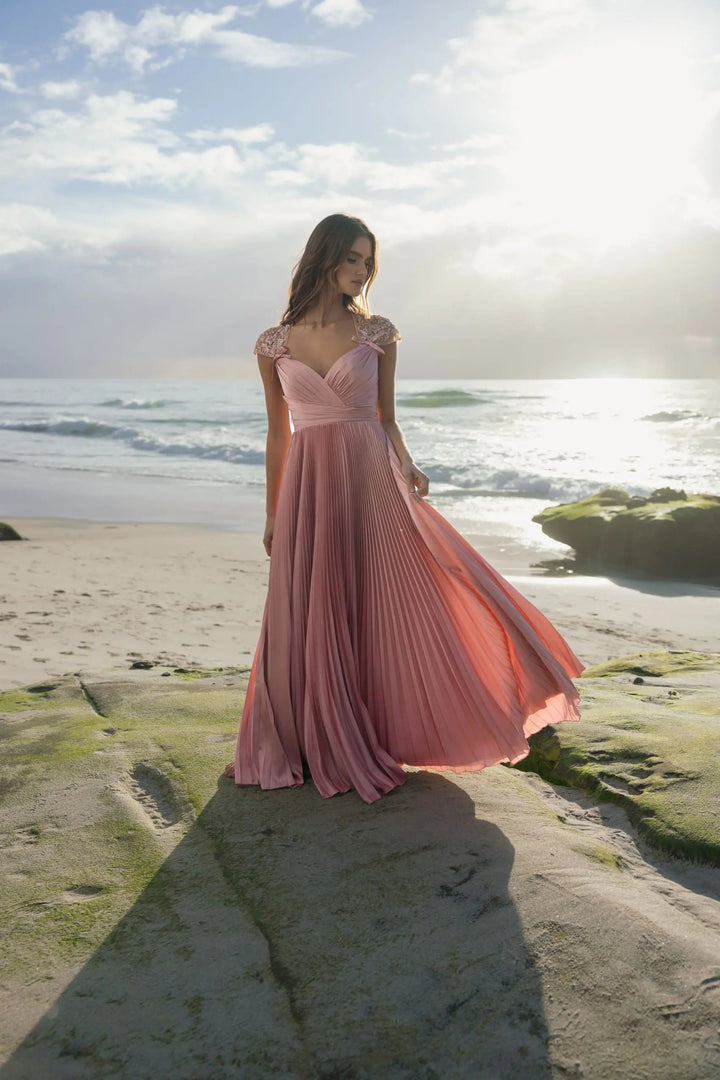 Pink Pleated Charmeuse Embellished Cap Sleeve Gown - FOSTANI.com
