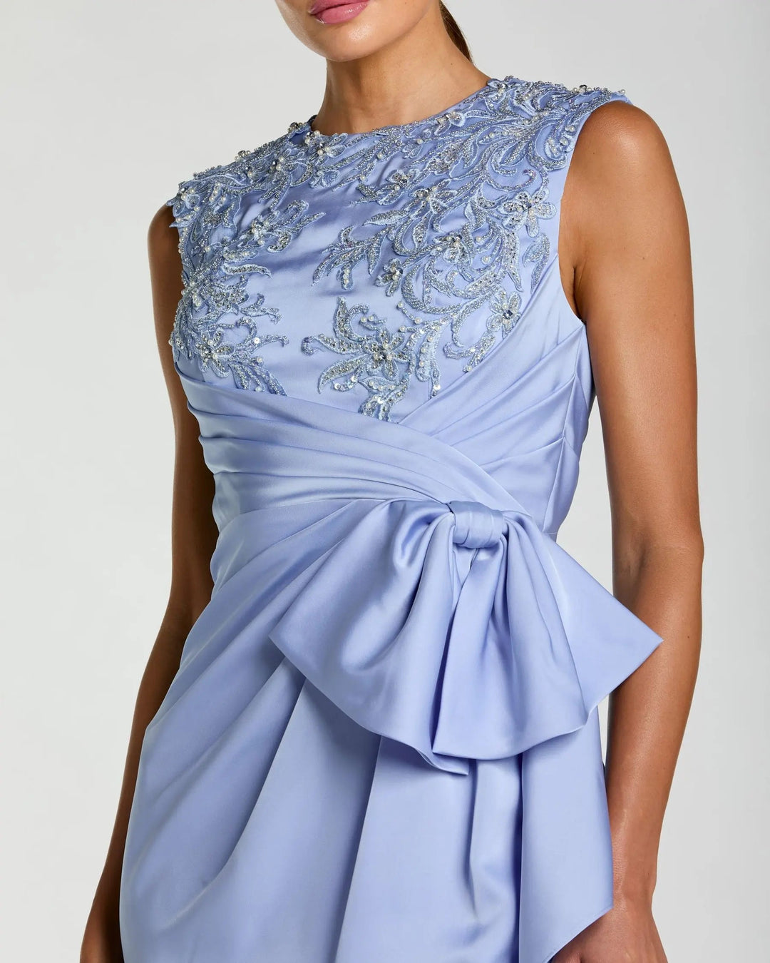 Blue Satin Beaded Embroidered Midi Dress With Bow - FOSTANI.com