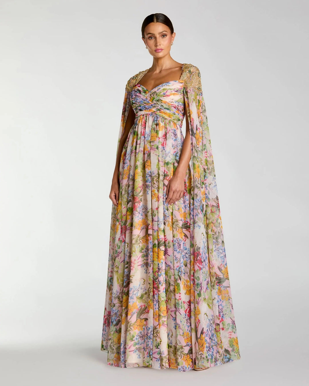 pastel multi color dress Multicolor Pastel Print Shoulder Tie Tiered Midi Dress
