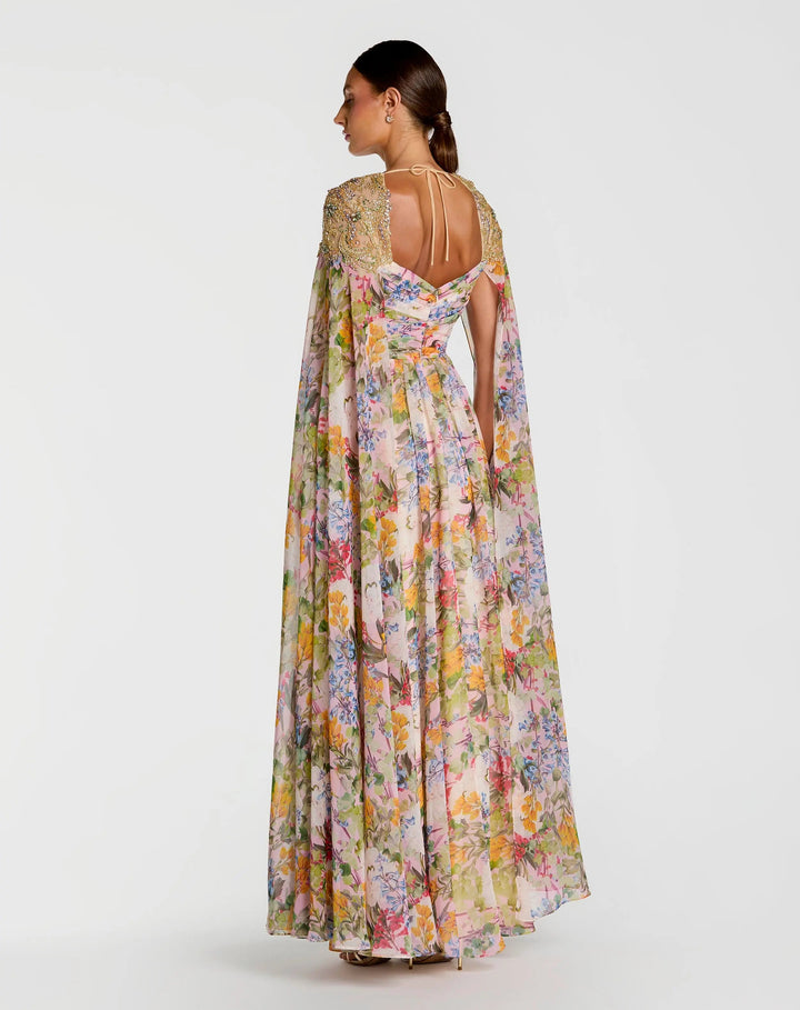 Multicolor Floral Gown With Beaded Cape Sleeves - FOSTANI.com