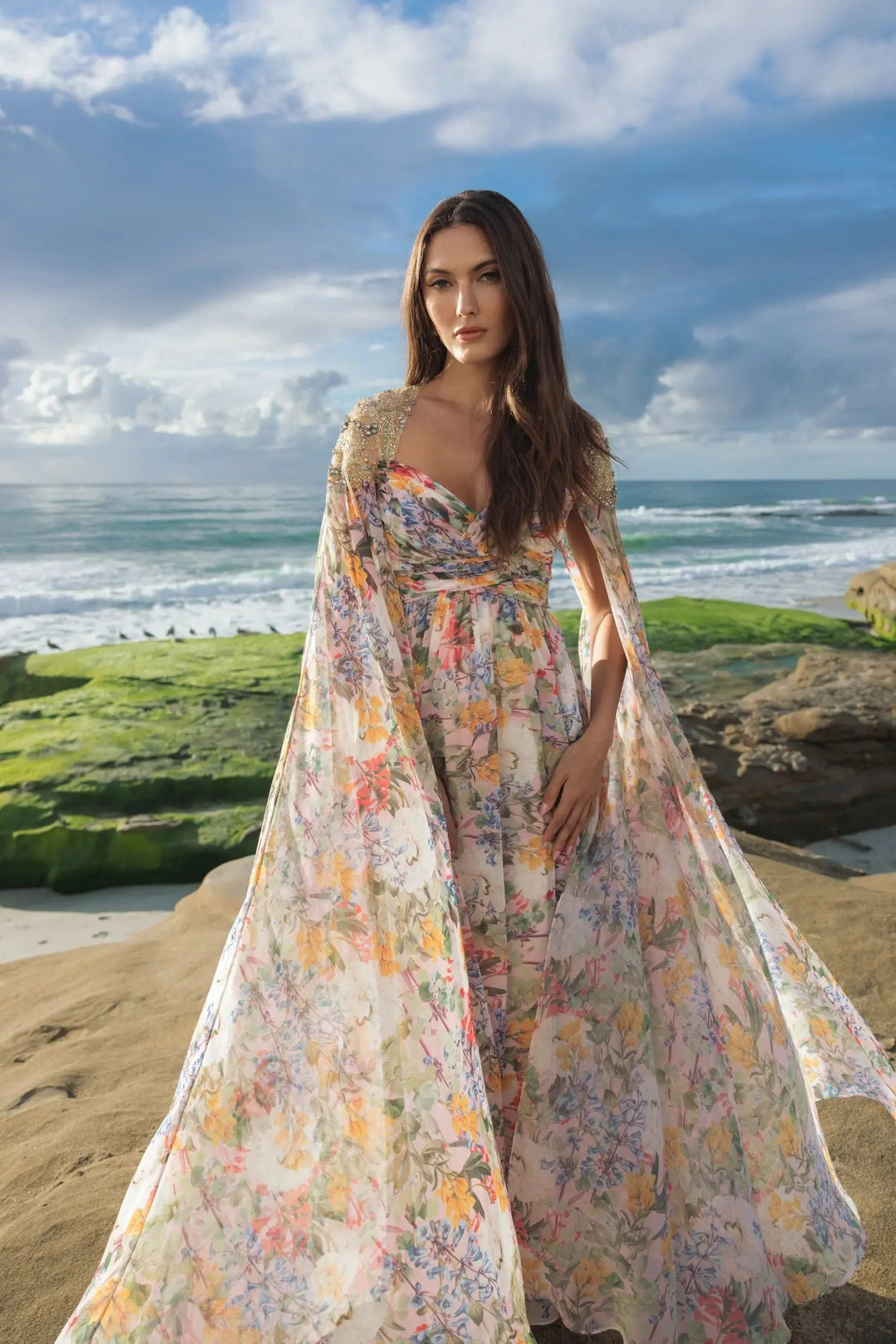 Multicolor Floral Gown With Beaded Cape Sleeves - FOSTANI.com