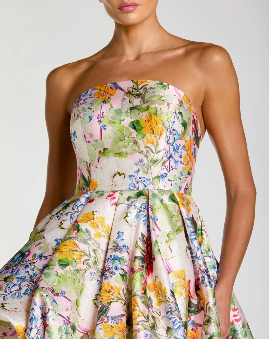 Multicolor Strapless Floral High Low Bubble Hem Gown - FOSTANI.com