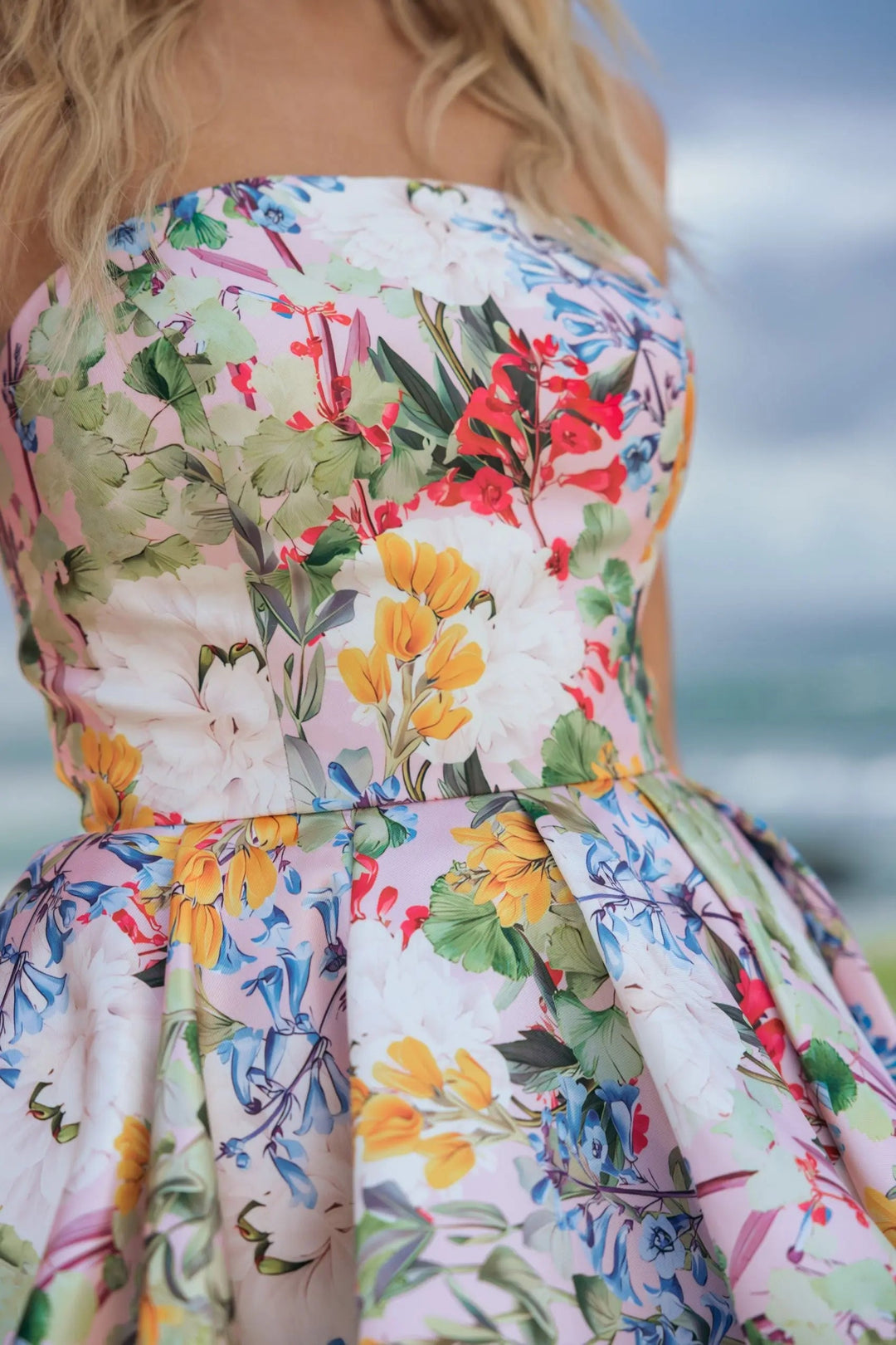 Multicolor Strapless Floral High Low Bubble Hem Gown - FOSTANI.com