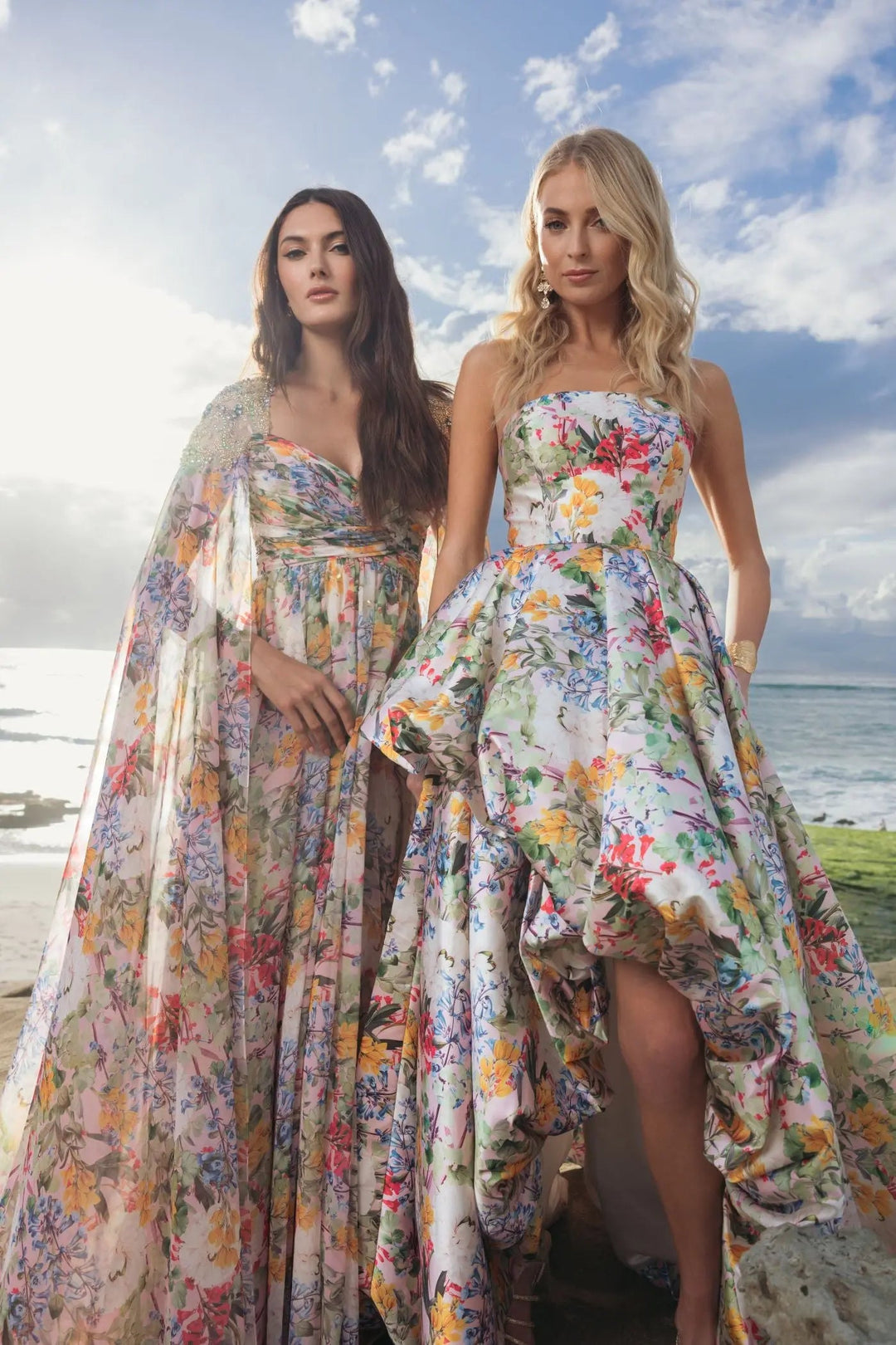 Multicolor Strapless Floral High Low Bubble Hem Gown - FOSTANI.com