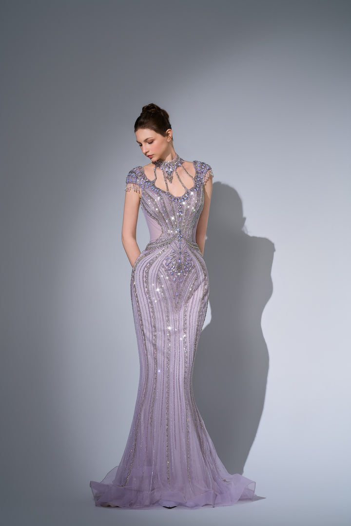 Delilah SH12057 High Neck Cap Sleeve Crystal Mermaid Gown with Ruffled Overskirt - Lilac front view