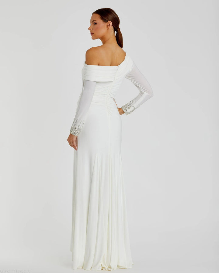 Mac Duggal 12231 White Beaded Cuff Drop Shoulder Faux Wrap Gown