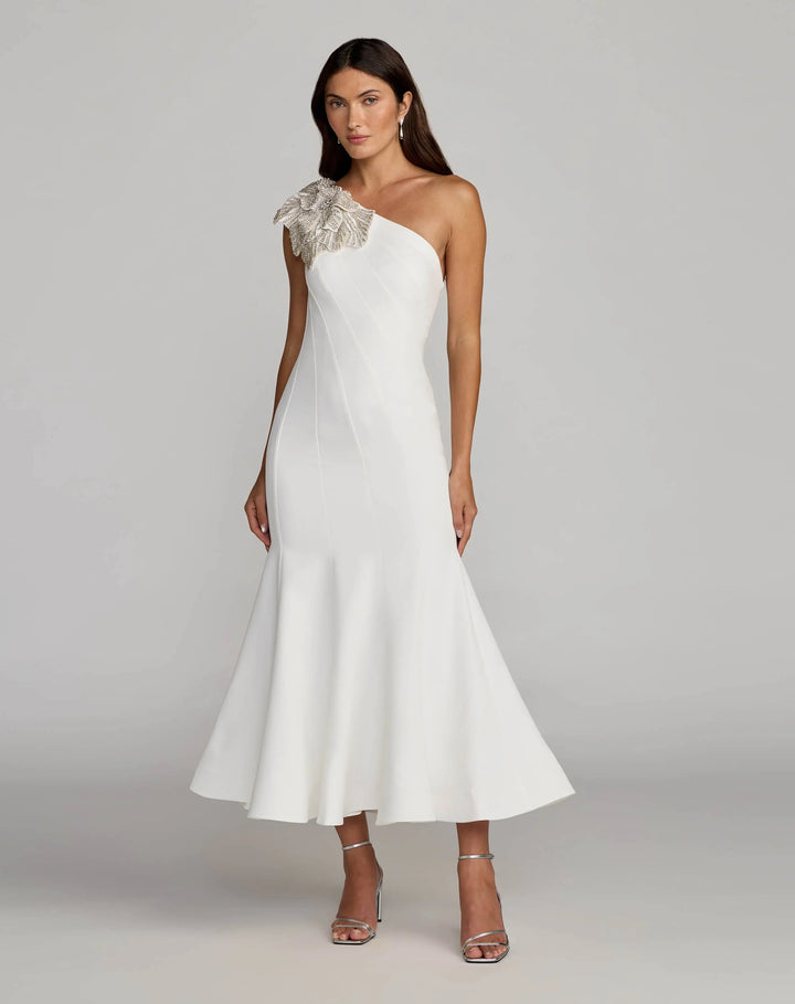 White Crepe One Shoulder Midi Dress with Flower - FOSTANI.com