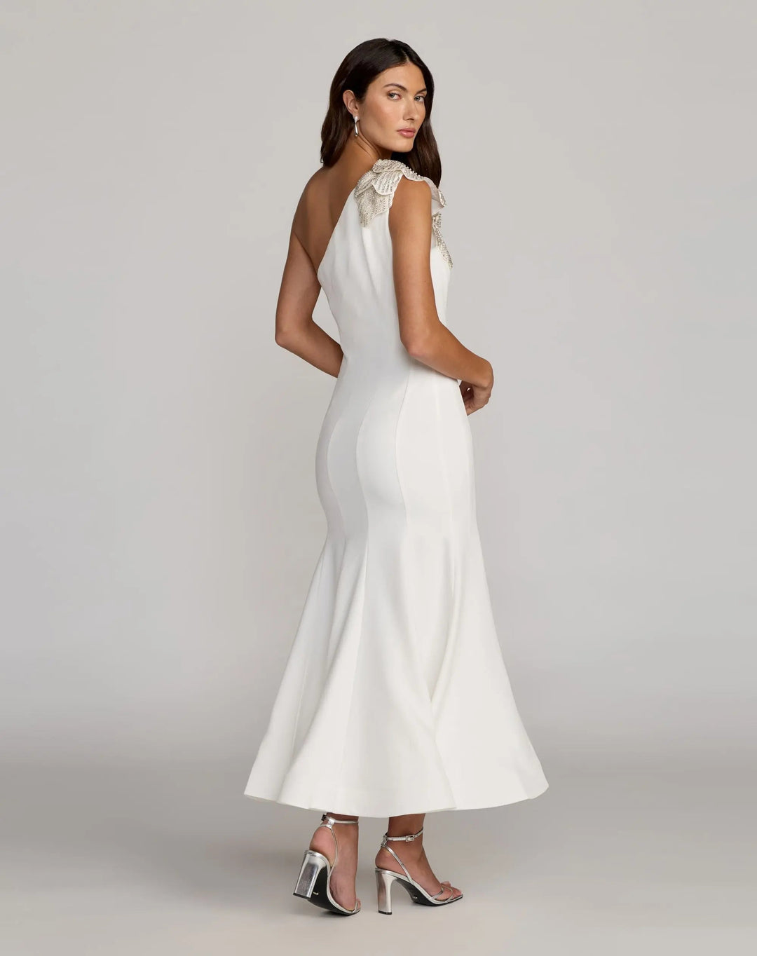 White Crepe One Shoulder Midi Dress with Flower - FOSTANI.com