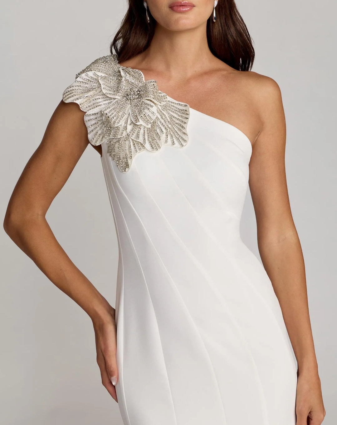 White Crepe One Shoulder Midi Dress with Flower - FOSTANI.com