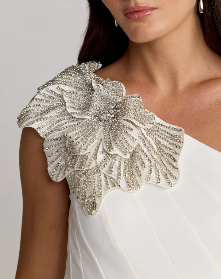 White Crepe One Shoulder Midi Dress with Flower - FOSTANI.com