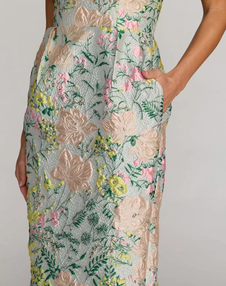 Multicolor Strapless Brocade Midi Dress With Pockets - FOSTANI.com