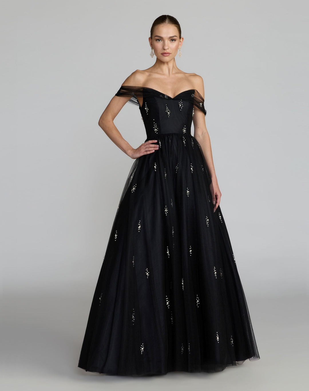 Mac Duggal 13227	Black Pearl Embellished Off the Shoulder Ball Gown