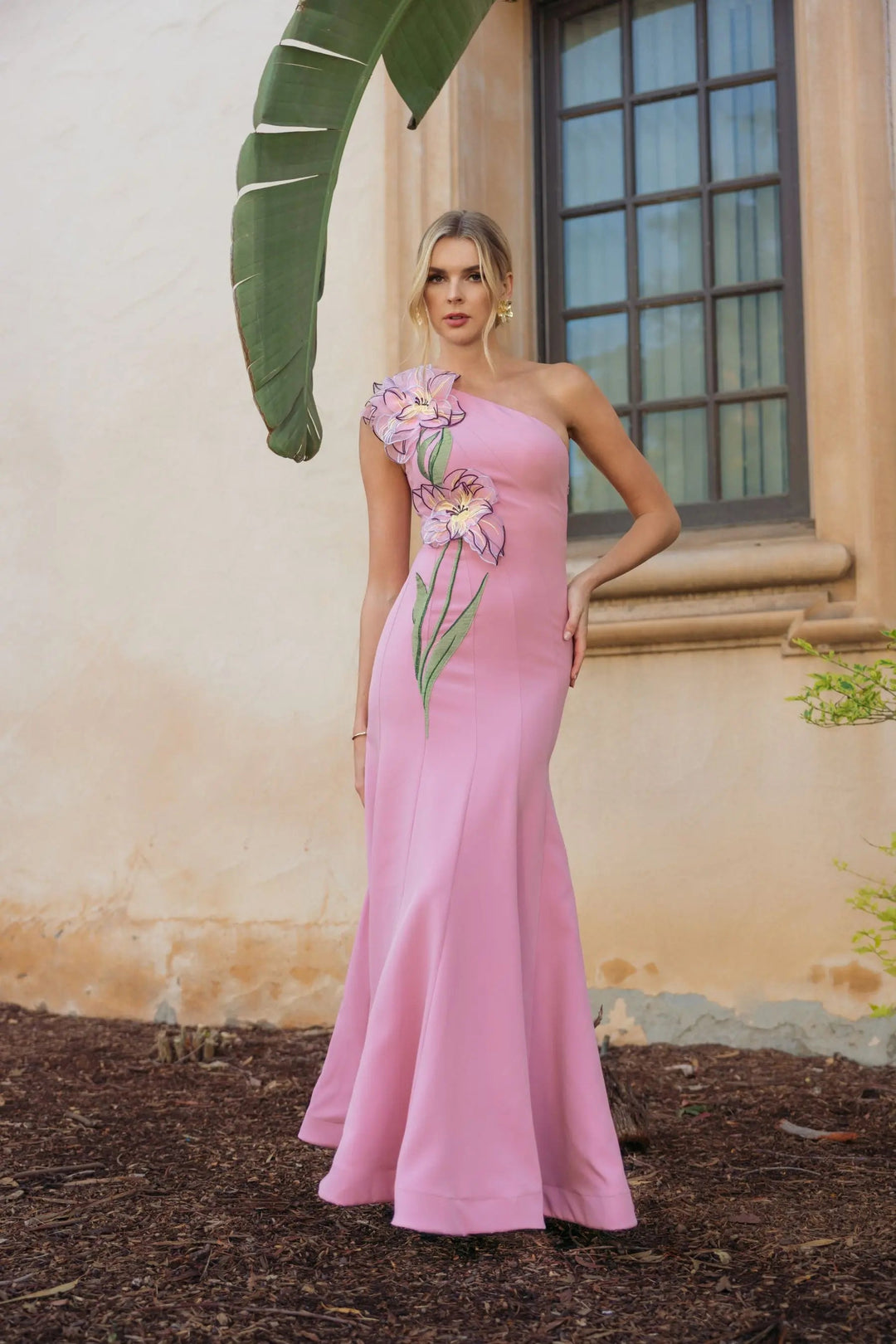 Pink One Shoulder Mermaid Gown With 3D Flower - FOSTANI.com