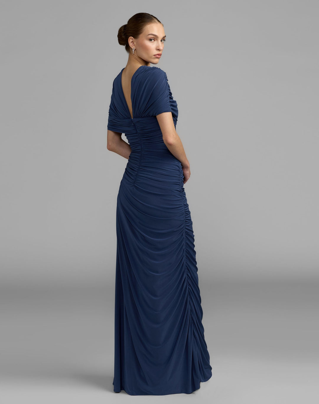 Mac Dugga; 13244 Navy Embellished Jersey Draped Column Gown