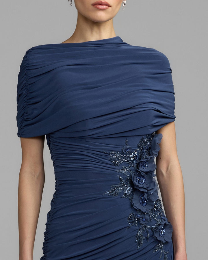 Mac Dugga; 13244 Navy Embellished Jersey Draped Column Gown
