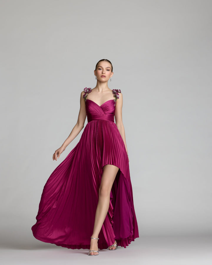 Mac Duggal 13263 Purple Pleated High Low Gown With 3D Floral Straps