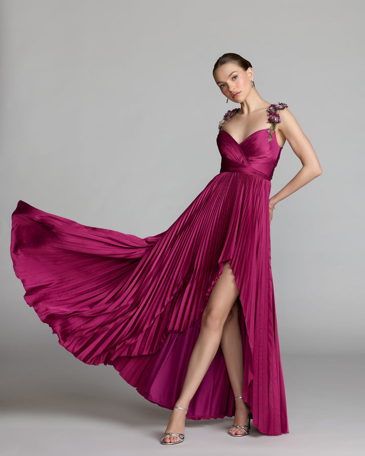 Mac Duggal 13263 Purple Pleated High Low Gown With 3D Floral Straps