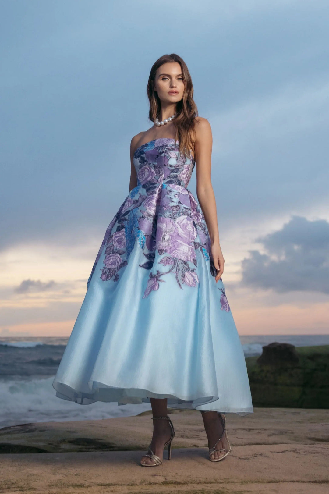 Blue Floral Embroidered Strapless Organza Midi Dress - FOSTANI.com