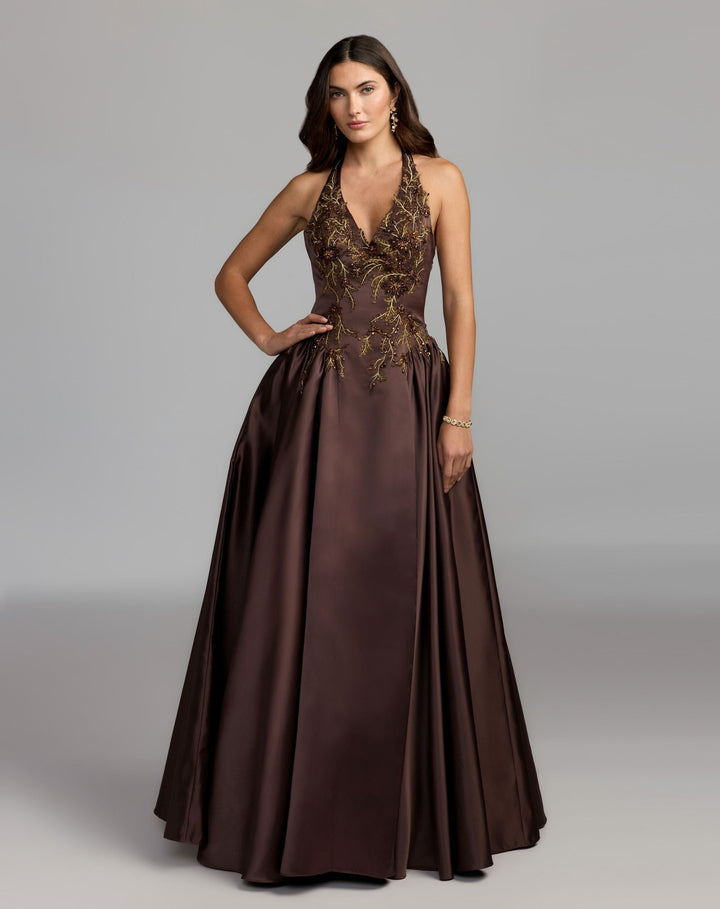 Mac Duggal 13354 Halter Neck Floral Embroidered Satin A-Line Gown