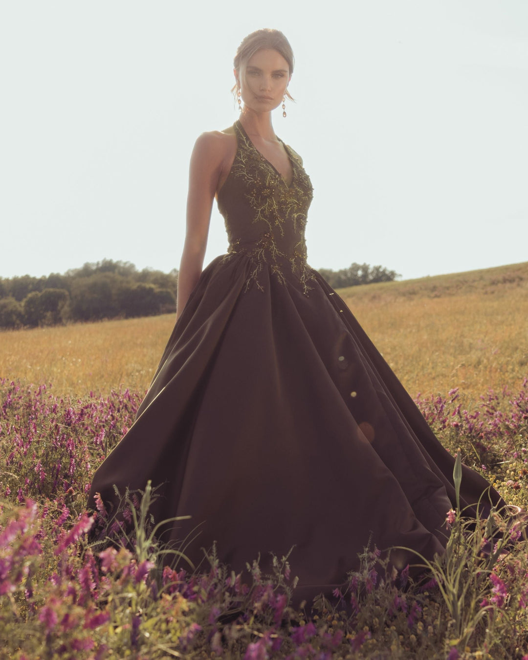 Mac Duggal 13354 Halter Neck Floral Embroidered Satin A-Line Gown